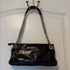 Zara Studded Elongated Black Leather Bag with Silver Accents